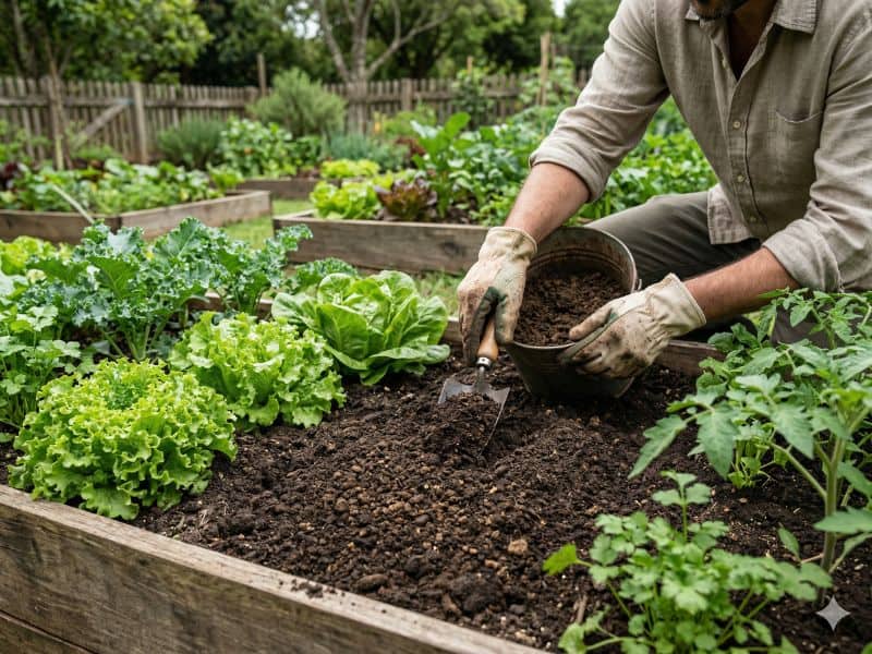 adubo orgânico para hortaliças com esterco curtido aplicado em canteiro