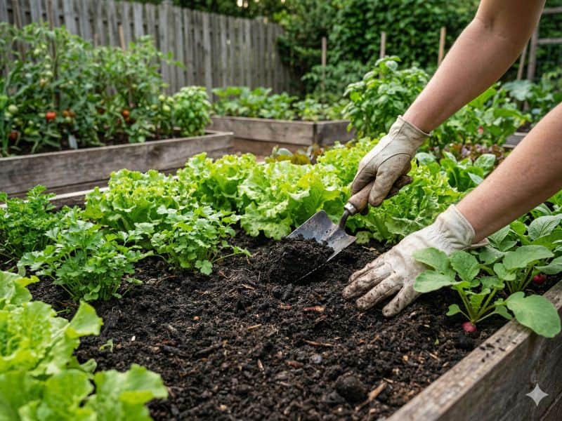 adubo orgânico para hortaliças melhorando o cultivo em canteiro de horta caseira
