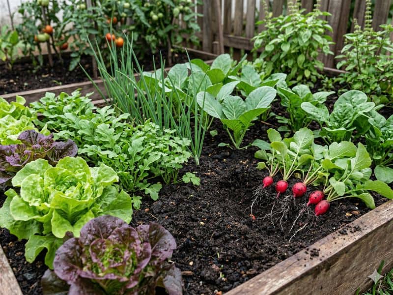 adubo orgânico para hortaliças em canteiro com diferentes espécies em crescimento