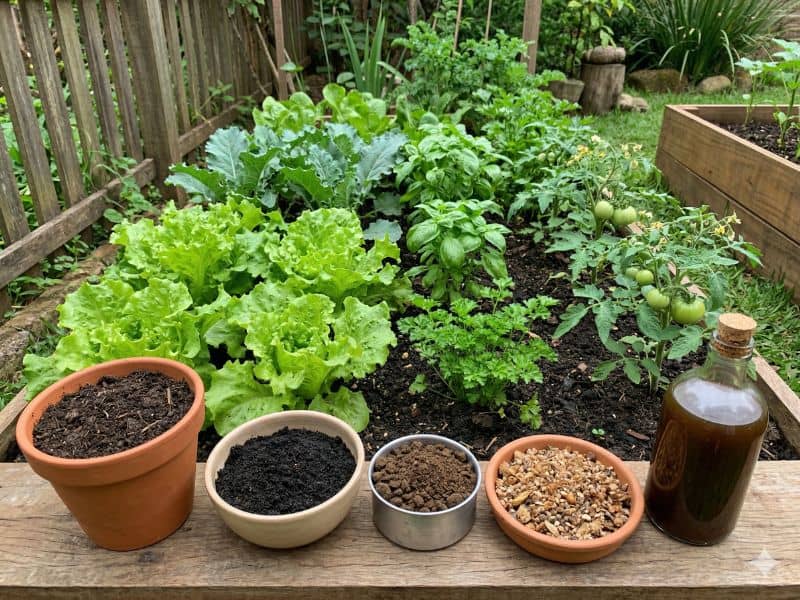 adubo orgânico para hortaliças com diferentes tipos em bancada de horta caseira