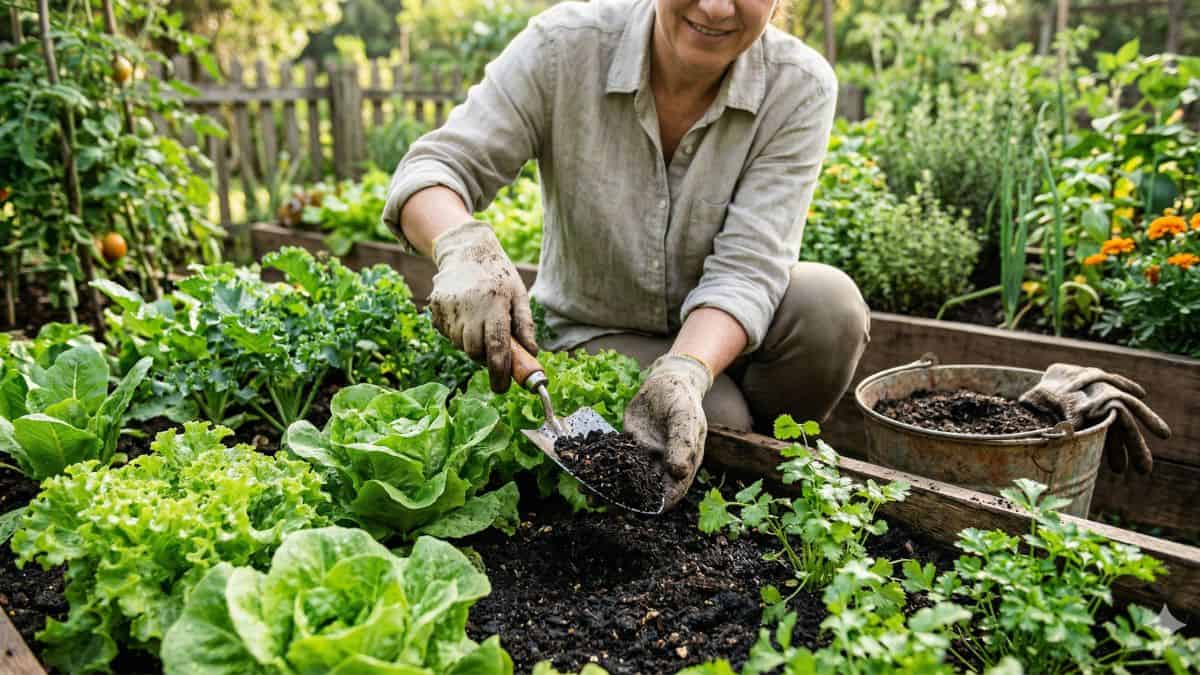 adubo orgânico para hortaliças sendo aplicado em canteiro de horta caseira