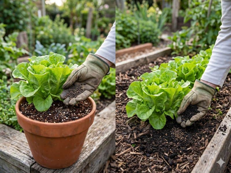 Adubo para alface em vaso e em canteiro em comparação lado a lado na horta