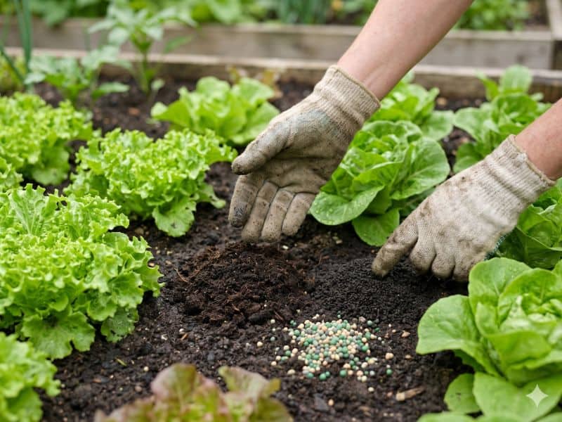 adubo para alface com composto orgânico e húmus de minhoca na horta caseira