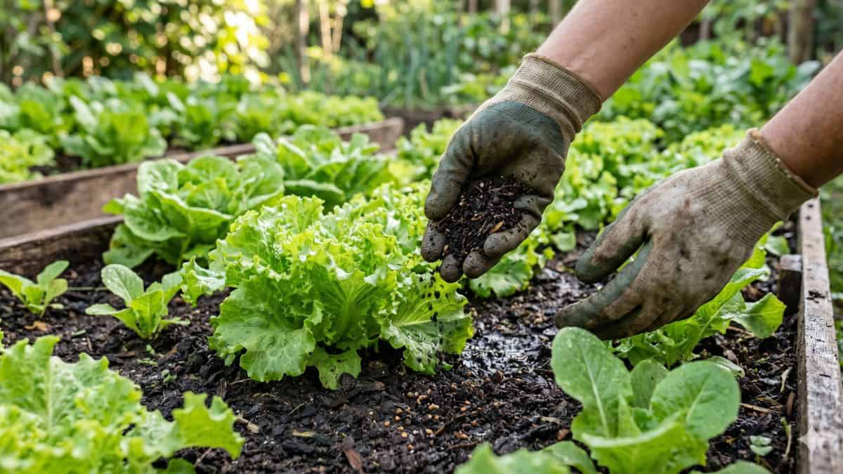 adubo para alface em canteiro de horta caseira com aplicação de matéria orgânica