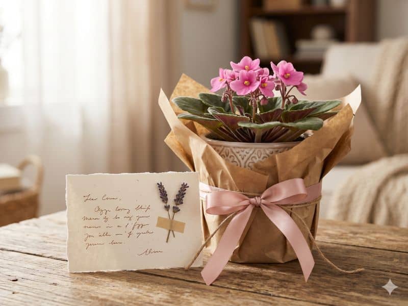 Presente Dia das Mães criativo com violeta embalada em papel kraft, laço rosa e cartão afetivo