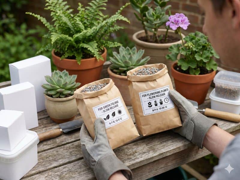 Pessoa comparando fórmulas de adubo de liberação lenta para escolher a fórmula certa para cada planta em vasos