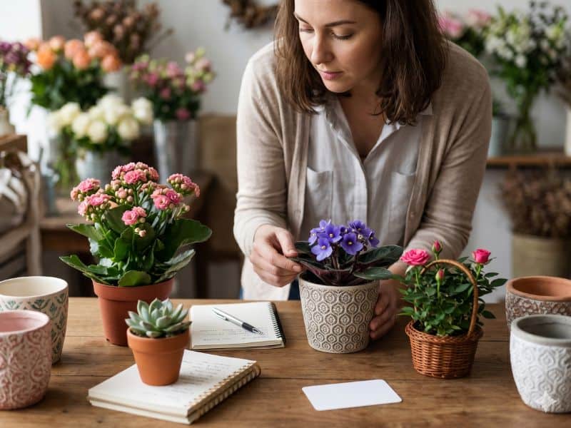 Presente Dia das Mães criativo com mulher escolhendo plantas em vasos antes de comprar