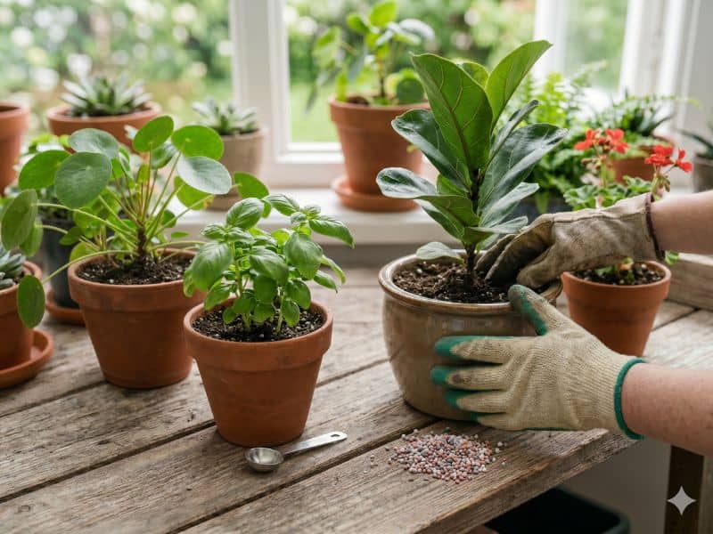 Como fazer a adubação de plantas em vasos conforme o tipo de cultivo com diferentes espécies em vasos sobre mesa de madeira