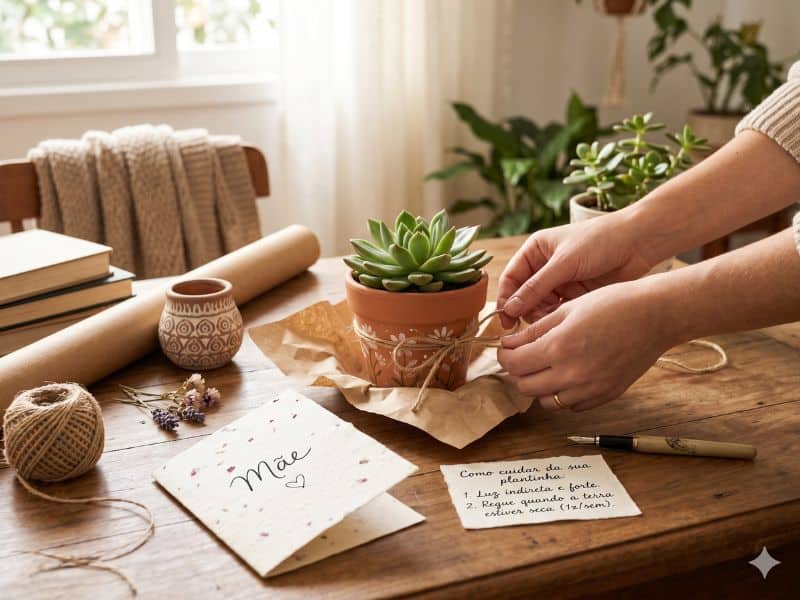 Presente Dia das Mães criativo com kit de planta simples sendo montado sobre mesa de madeira