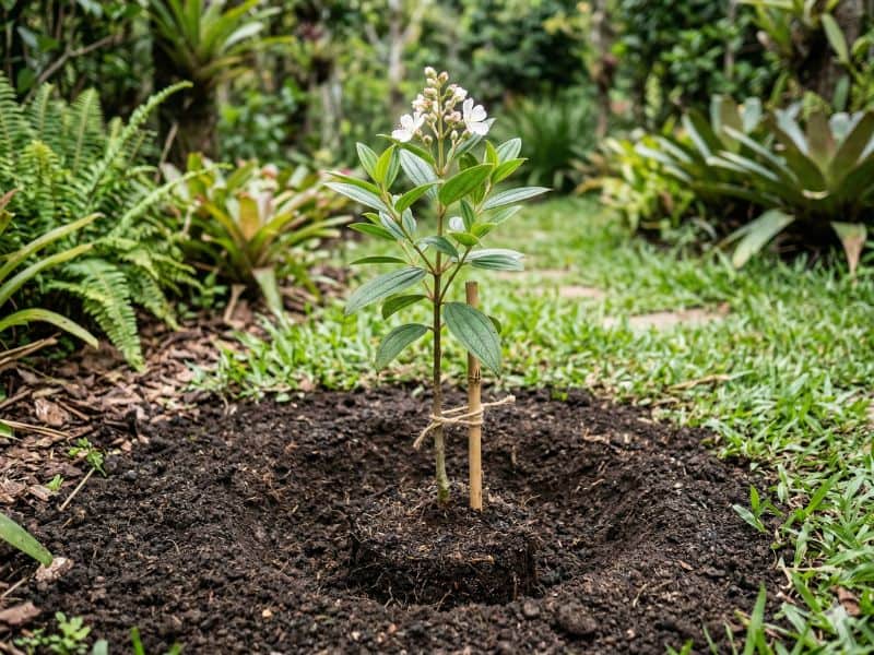 muda de manacá-da-serra posicionada em cova preparada no jardim