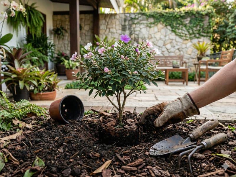 muda de manacá-da-serra sendo plantada em jardim residencial