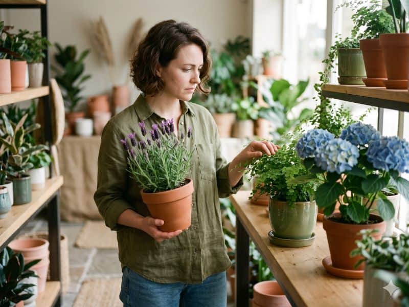 Erros comuns ao escolher plantas para presentear com mulher avaliando espécies diferentes em loja de plantas