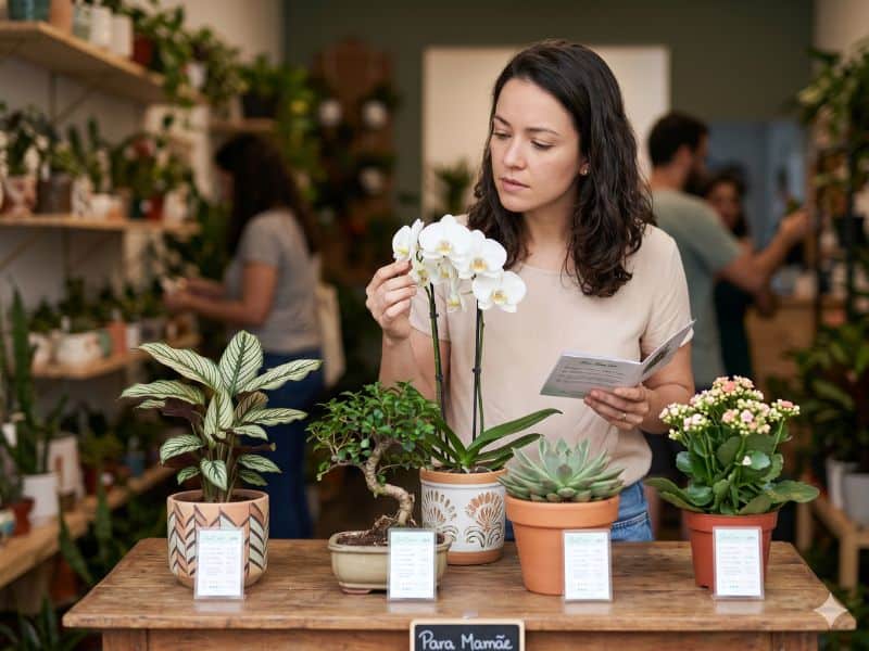 Presente Dia das Mães criativo com mulher avaliando plantas em loja antes de escolher o presente