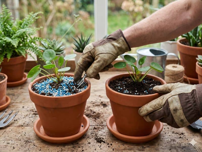 Erros mais comuns na adubação de plantas em vasos mostrados em dois vasos com doses diferentes de fertilizante granulado