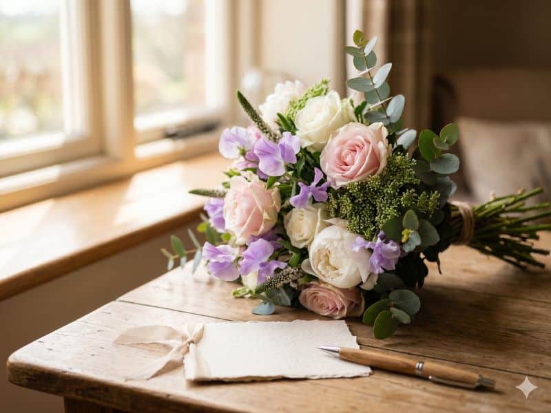 Cartão ao lado de buquê de flores para Dia das Mães