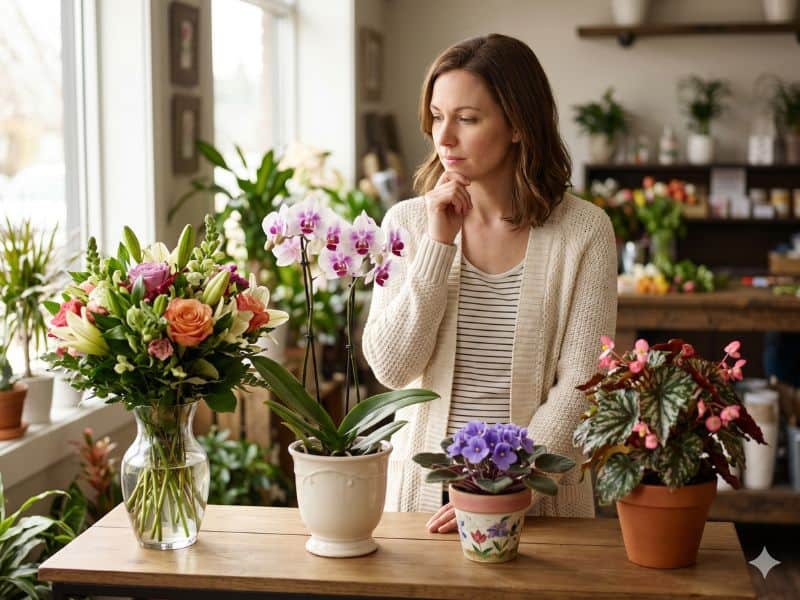 Mulher escolhendo flores para Dia das Mães entre buquê, orquídea e plantas em vaso