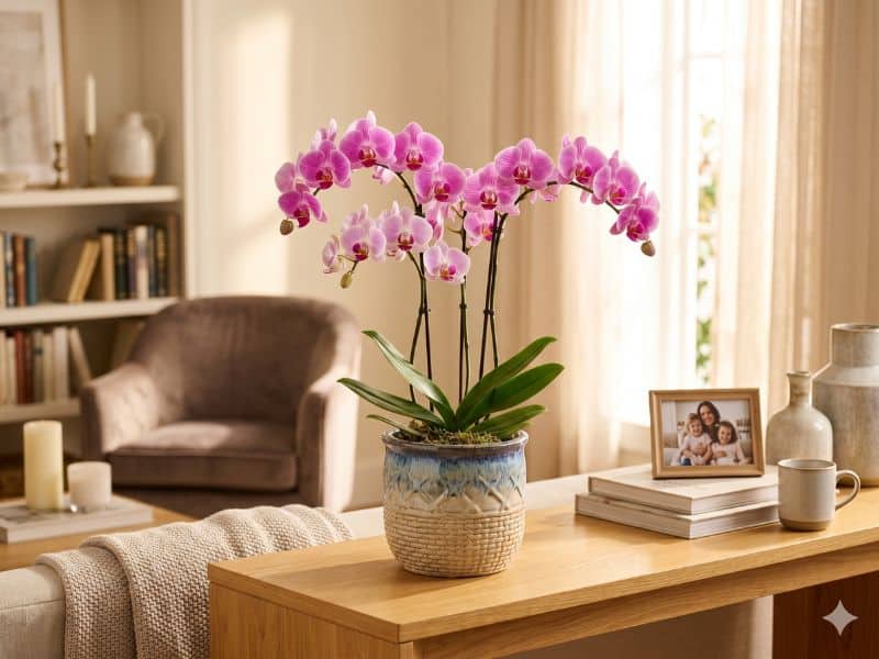 Flor em vaso para flores para Dia das Mães decorando a casa com orquídea em ambiente acolhedor