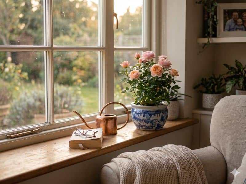 Mini roseira em vaso representando flores para Dia das Mães que continuam florescendo em casa