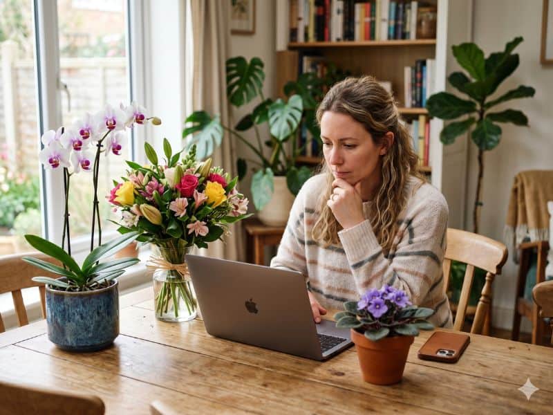 Mulher pesquisando perguntas frequentes sobre flores para Dia das Mães com buquê e plantas na mesa