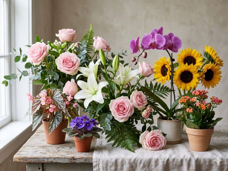 Flores para Dia das Mães com rosas, lírios, orquídea, girassóis e violetas em composição simbólica