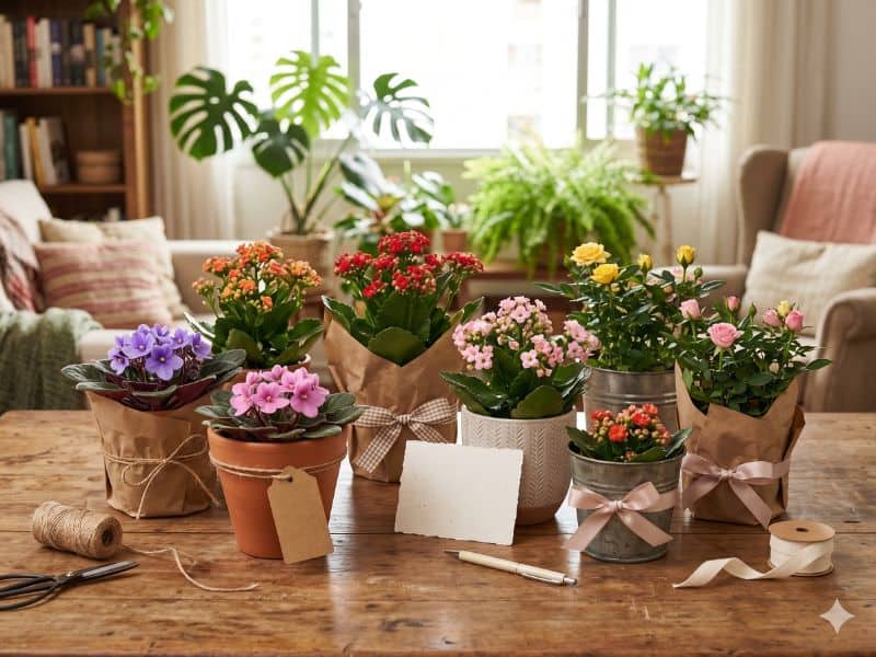 Ideias de presente para Dia das Mães barato com plantas em vasos decorados sobre mesa