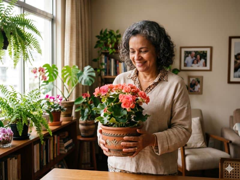 Ideias de presente para Dia das Mães com planta florida em vaso nas mãos
