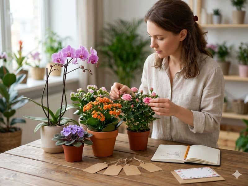 Ideias de presente para Dia das Mães com mulher observando plantas e flores antes de escolher o presente