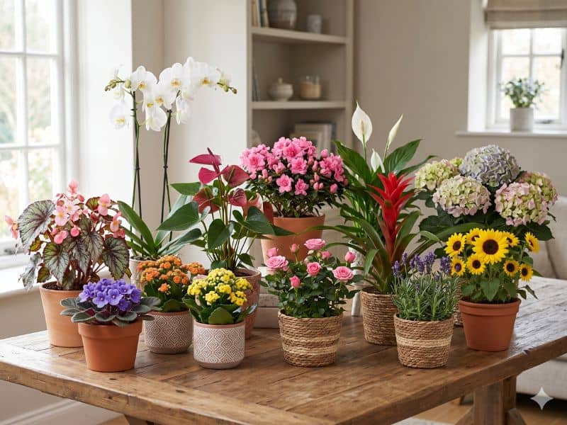 Ideias de presente para Dia das Mães com plantas e flores em vasos sobre mesa