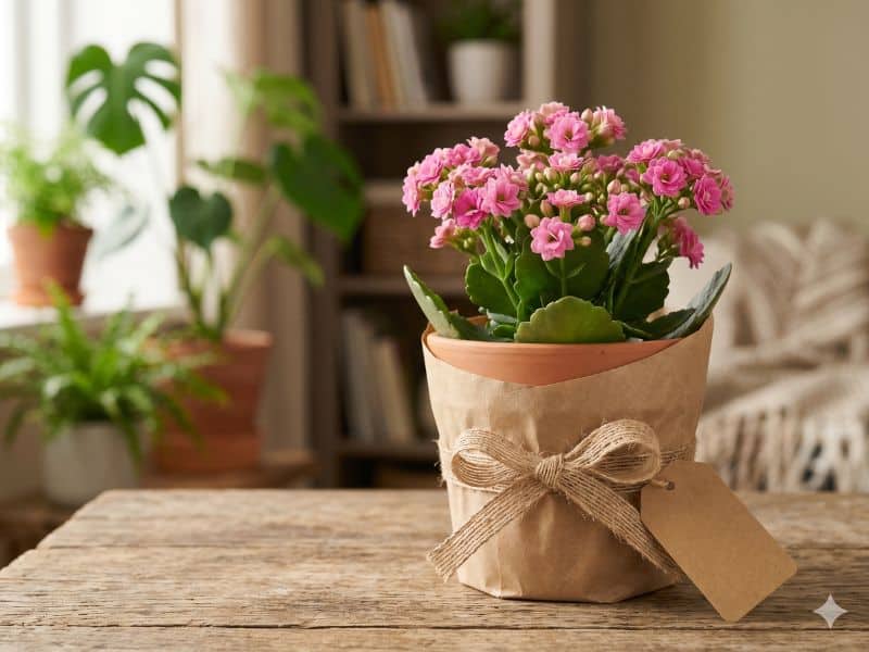 Kalanchoe decorado em vaso com papel kraft e laço de juta como presente criativo para o Dia das Mães
