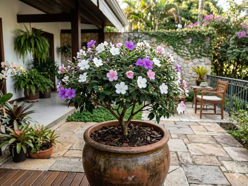 manacá-da-serra em vaso com flores em branco, rosa-claro e lilás suave