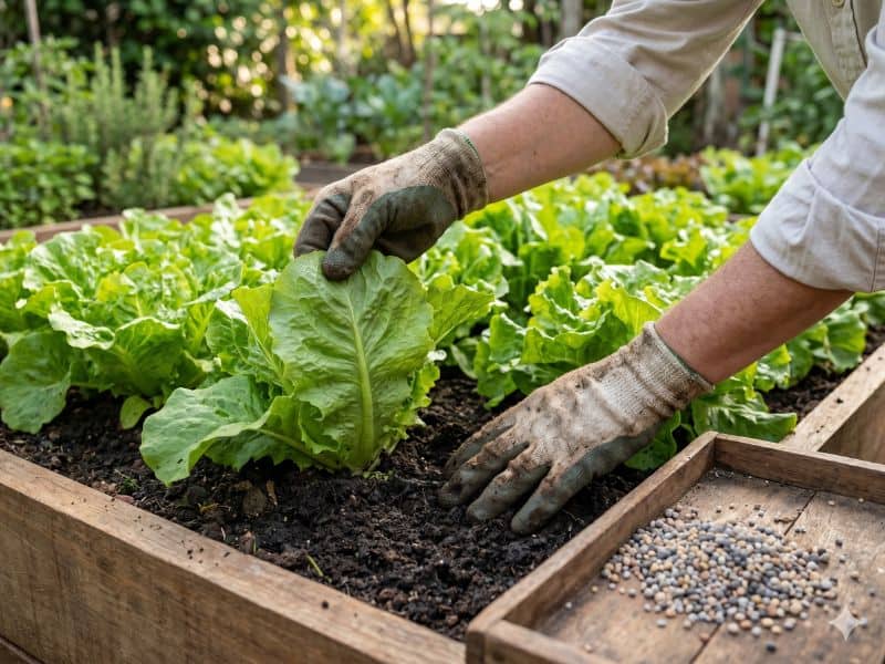 NPK para alface aplicado em canteiro com pés de alface em fase de desenvolvimento