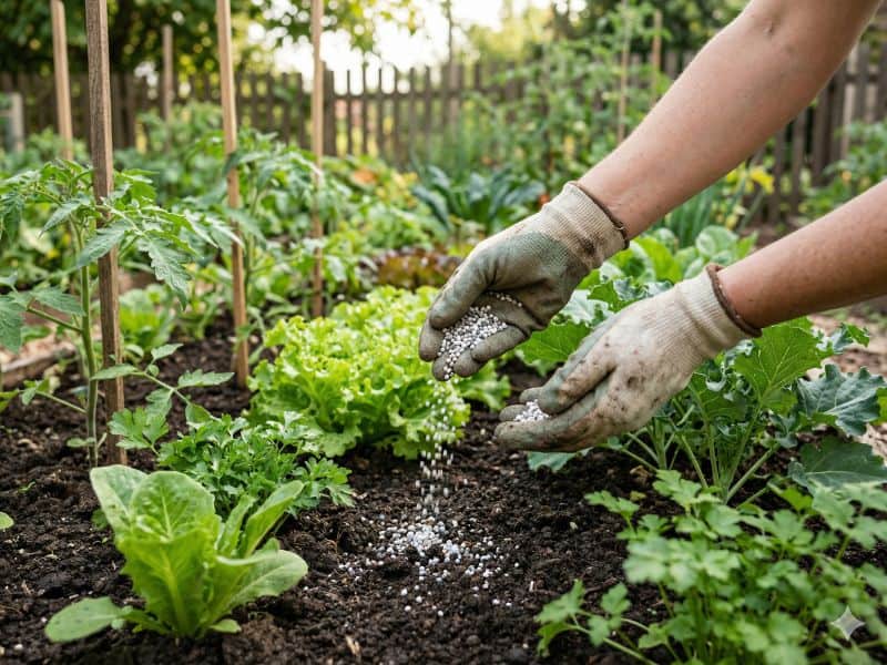 npk para hortaliças com aplicação de fertilizante 10-10-10 no canteiro