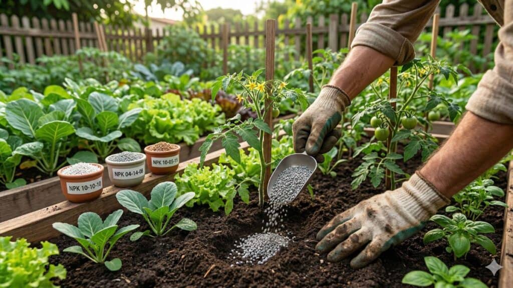 npk para hortaliças com aplicação de fertilizante em canteiro de horta caseira