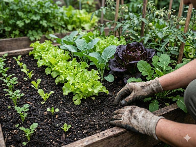 npk para hortaliças em canteiro com plantas em diferentes fases de crescimento