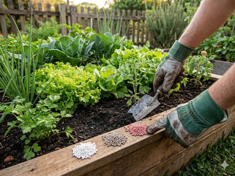 npk para hortaliças com diferentes grânulos de fertilizante em canteiro