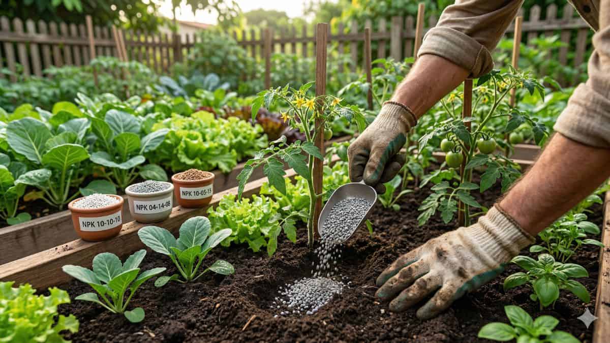 npk para hortaliças com aplicação de fertilizante em canteiro de horta caseira