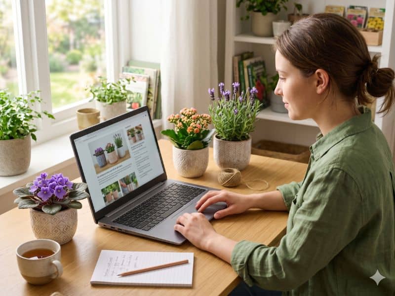 Perguntas frequentes sobre presente Dia das Mães criativo com mulher pesquisando ideias de plantas no notebook