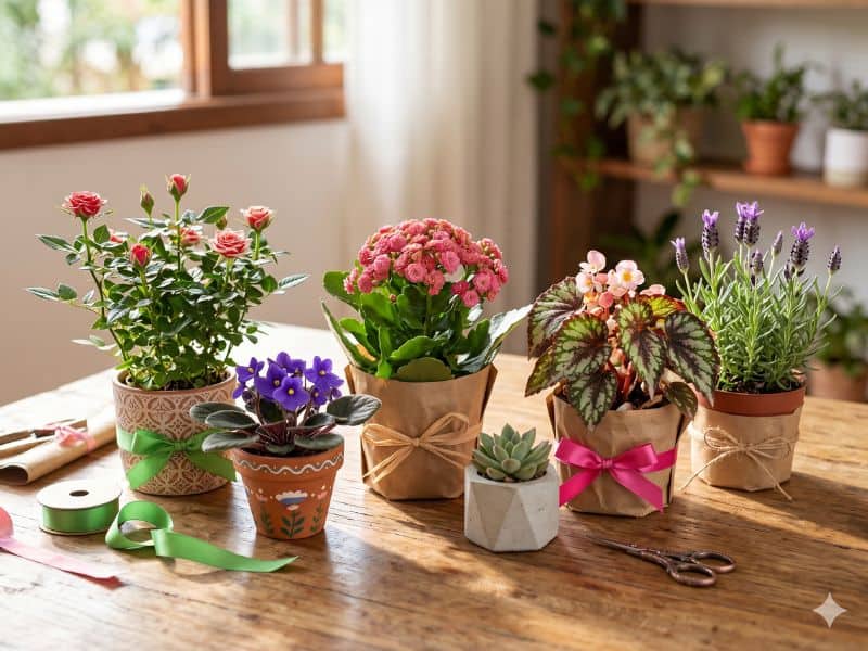 Presente Dia das Mães criativo com plantas simples em vasos decorados sobre mesa de madeira