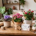 Presente Dia das Mães criativo com plantas, flores em vasos e cartão afetivo sobre mesa de madeira