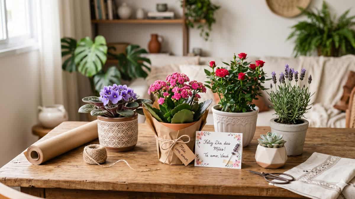 Presente Dia das Mães criativo com plantas, flores em vasos e cartão afetivo sobre mesa de madeira