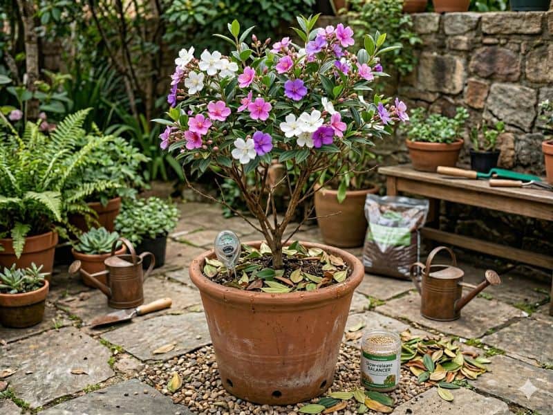manacá-da-serra em vaso com sinais de cuidado e manejo no cultivo