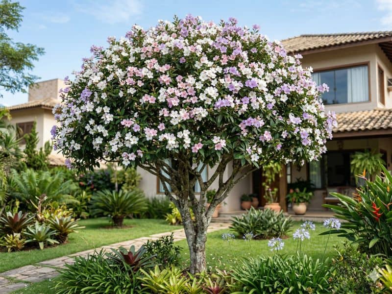 manacá-da-serra com copa florida em branco, rosa-claro e lilás suave