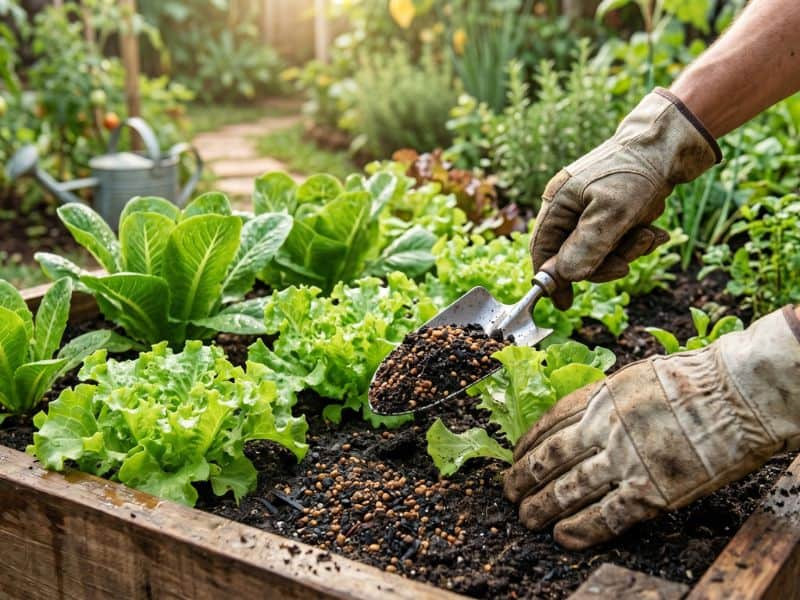 adubo para alface aplicado no canteiro conforme a fase do cultivo em horta caseira