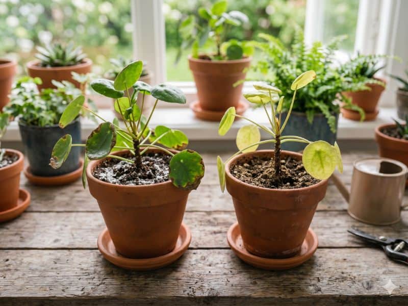Sinais de excesso e de falta de adubo em plantas de vaso mostrados em duas plantas com folhas amareladas, queimadas e desenvolvimento enfraquecido