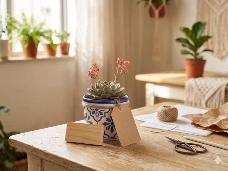 Suculenta florida em vaso decorativo com tag como lembrancinha para Dia das Mães
