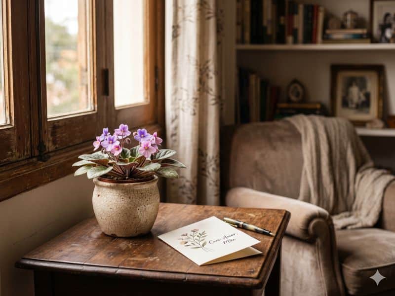 Presente Dia das Mães barato e criativo com violeta em vaso e cartão sobre mesa ao lado da janela