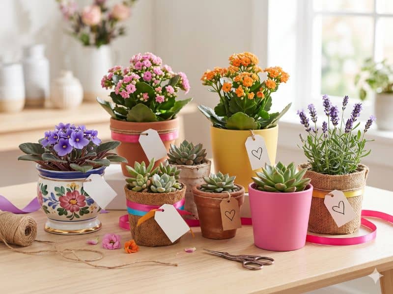 Vasinhos para Dia das Mães com plantas e flores coloridas em cachepôs decorados