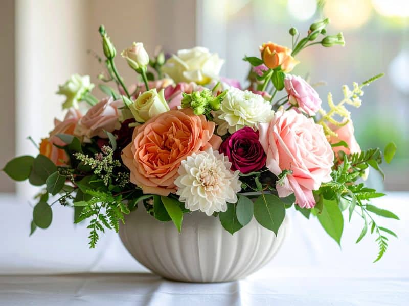 Arranjo de flores para Dia dos Namorados em vaso decorativo com rosas e folhagens