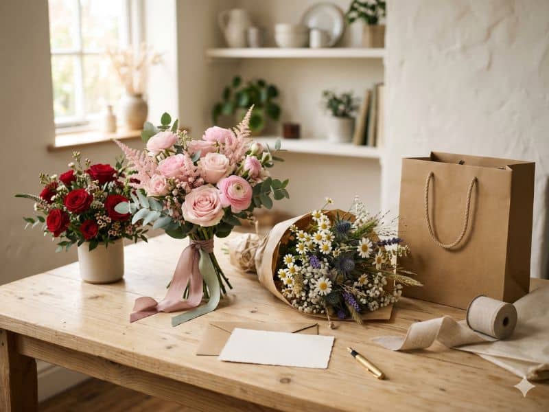 Buquê de flores para namorada com rosas, flores do campo, cartão em branco e embalagem delicada