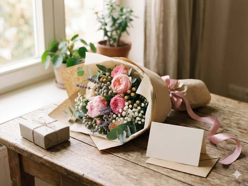 Buquê de flores para namorada escolhido com cuidado com cartão em branco e presente